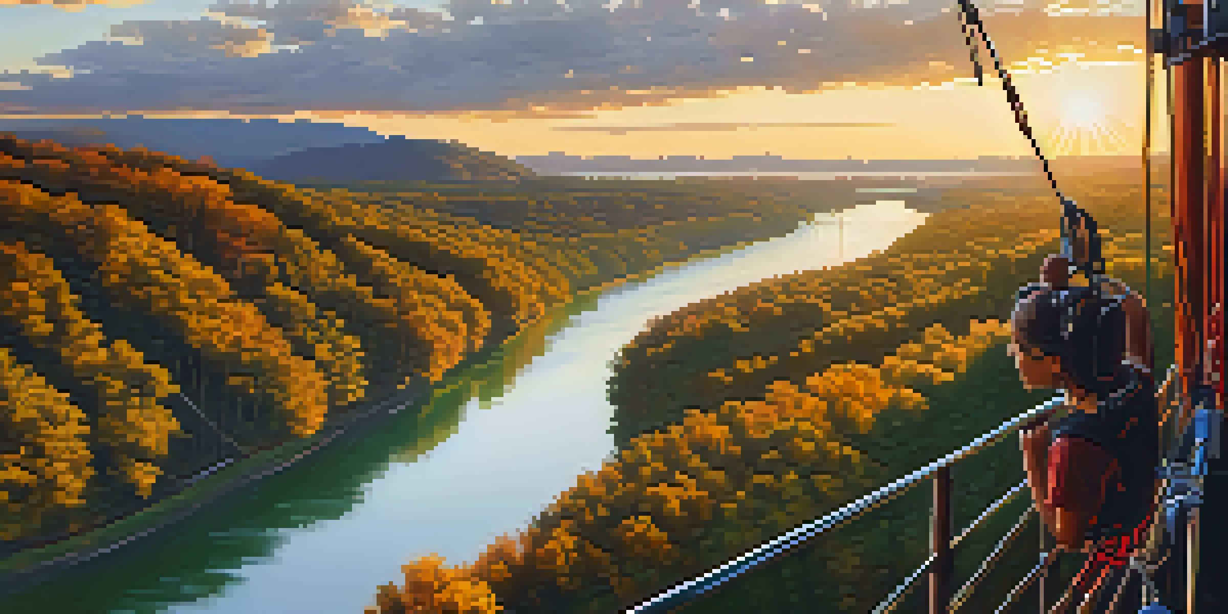 A person preparing to bungee jump from a platform with a scenic view of a green valley and a river during sunset.