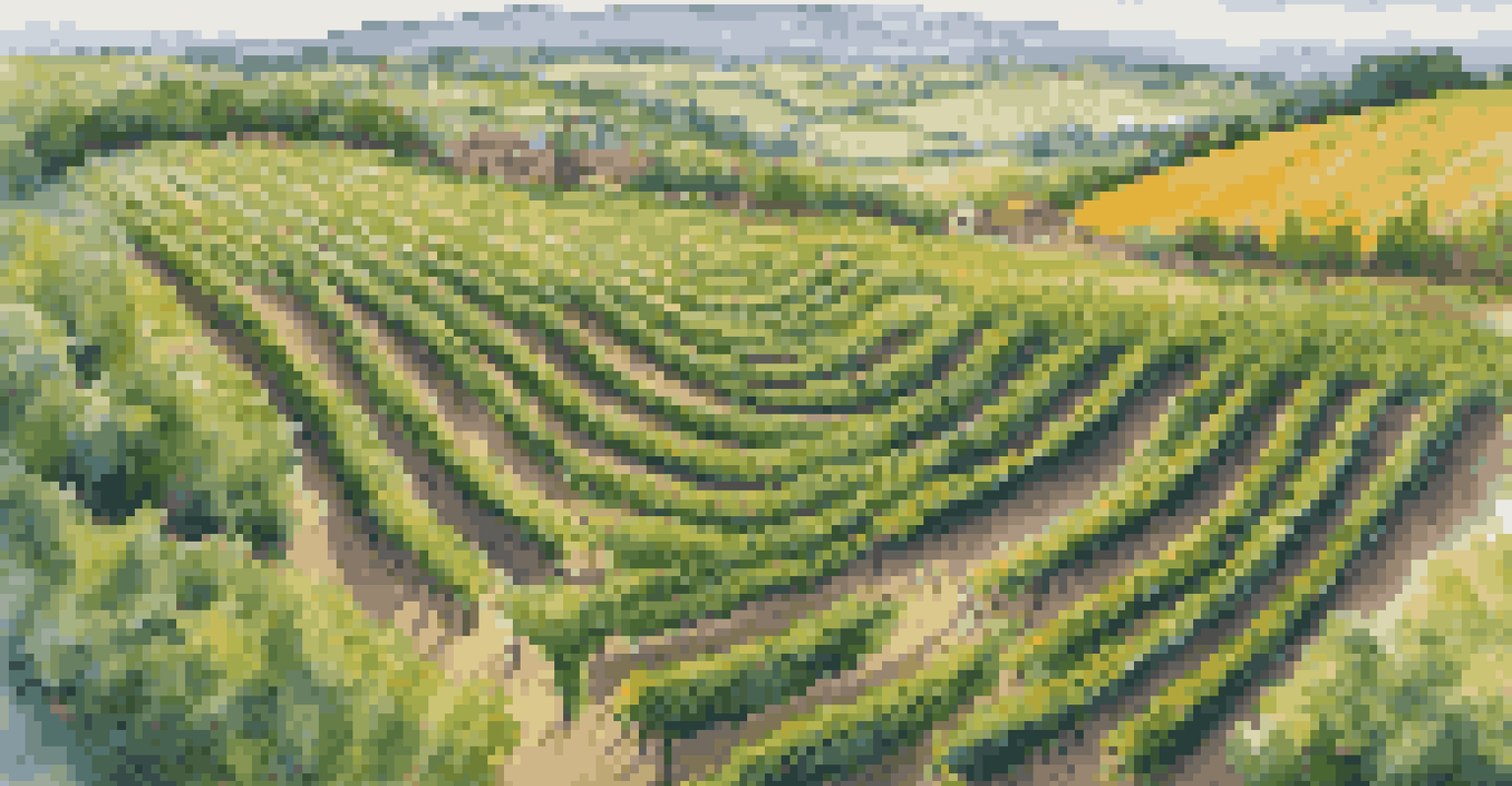 An aerial view of a biodynamic vineyard with rows of vines, cover crops, and wildflowers creating a colorful landscape.