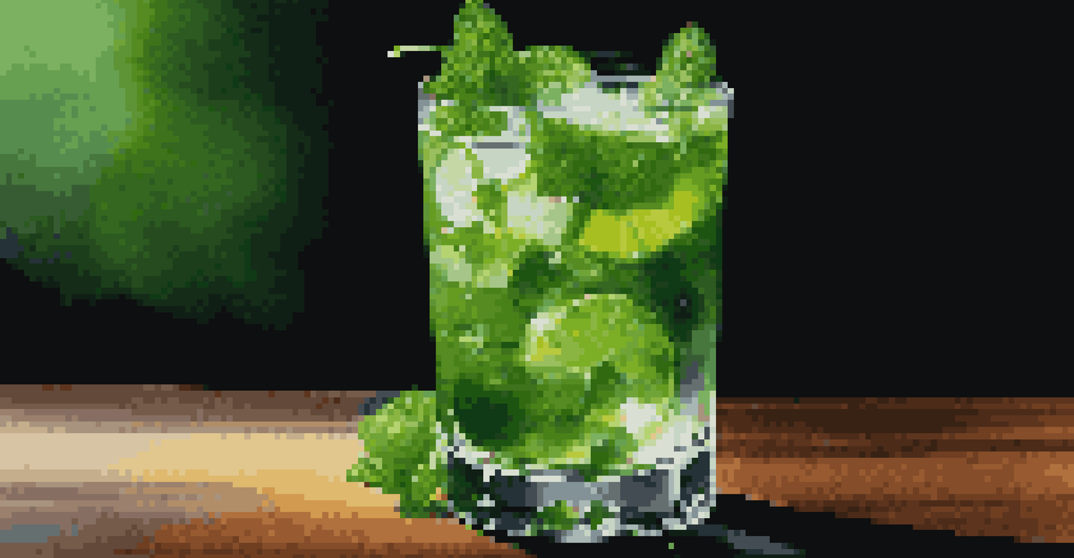 A mojito cocktail glass with floating mint and lime spheres, garnished with mint leaves, on a dark wooden table.