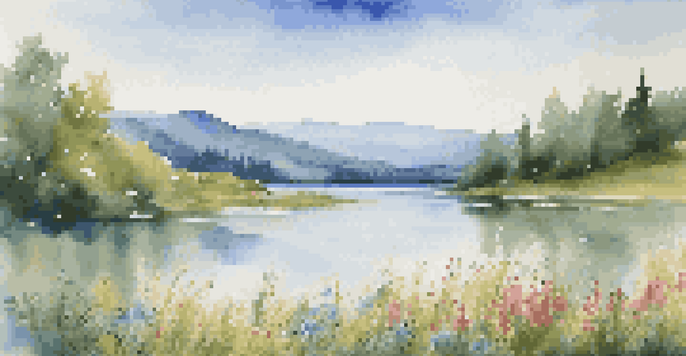 A peaceful lake scene with mountains in the background and colorful wildflowers in the foreground.