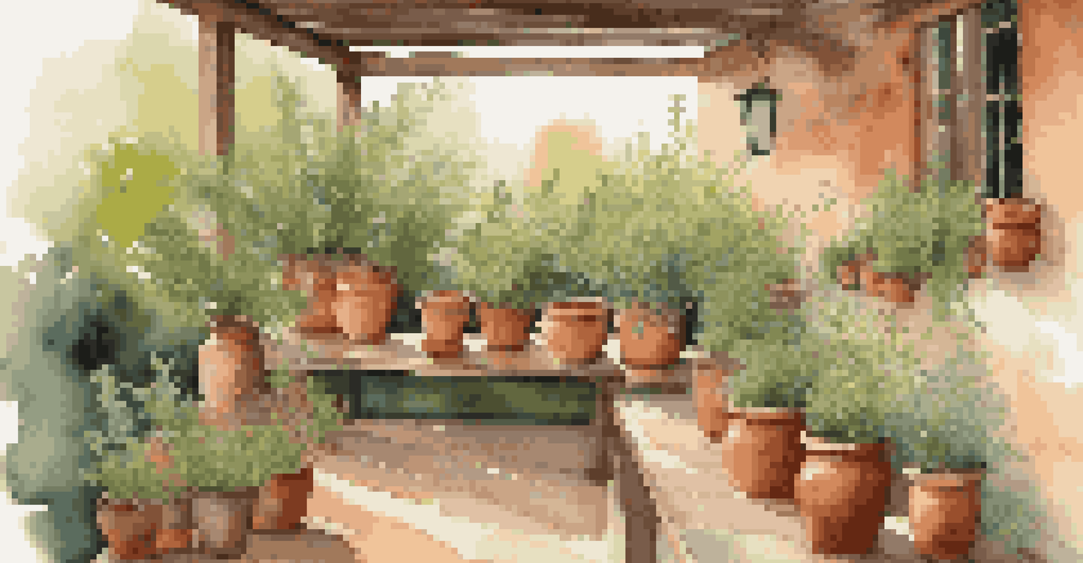 A terrace with terracotta pots of herbs on a wooden table in evening light.