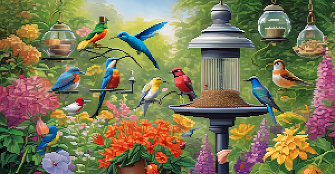 A colorful garden with various bird feeders attracting different species of birds, surrounded by lush greenery and blooming plants.
