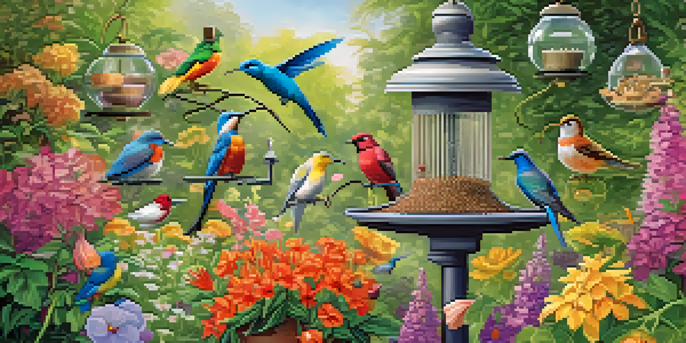 A colorful garden with various bird feeders attracting different species of birds, surrounded by lush greenery and blooming plants.