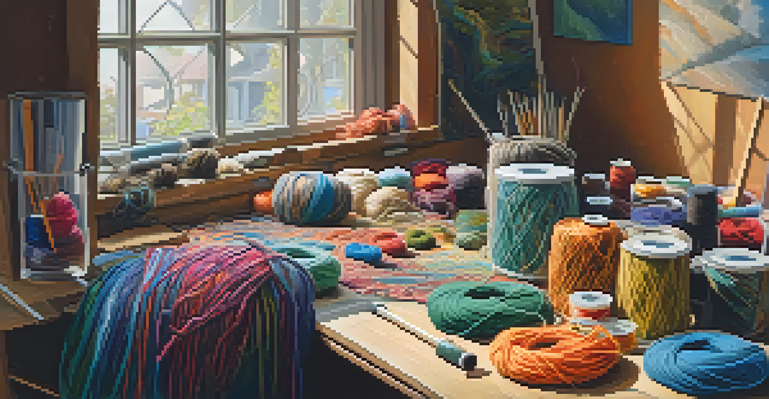 An artist's workspace with colorful yarns and weaving tools, showcasing a half-finished rug in a bright, sunlit room.
