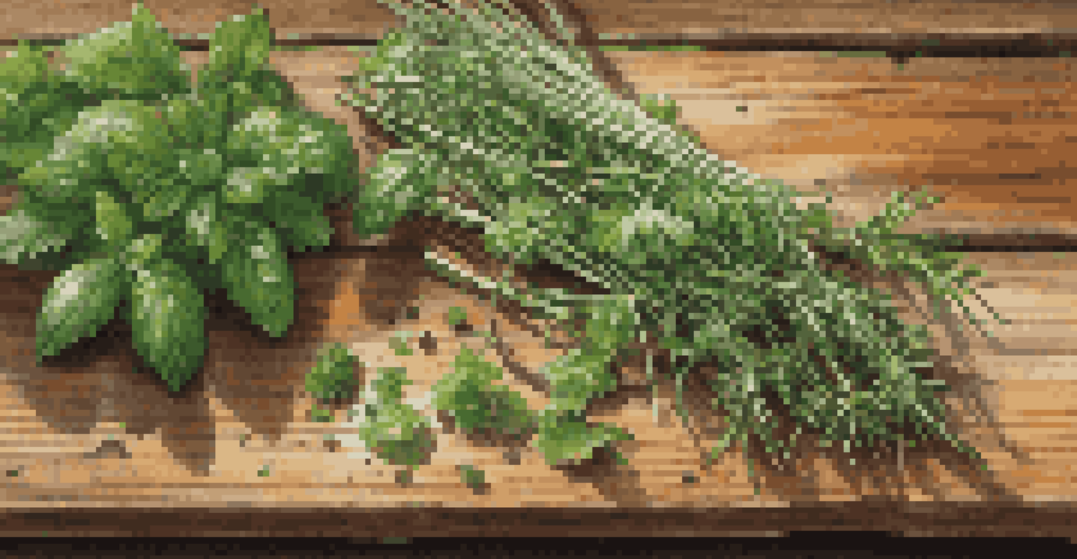Close-up of fresh herbs on a rustic wooden table.