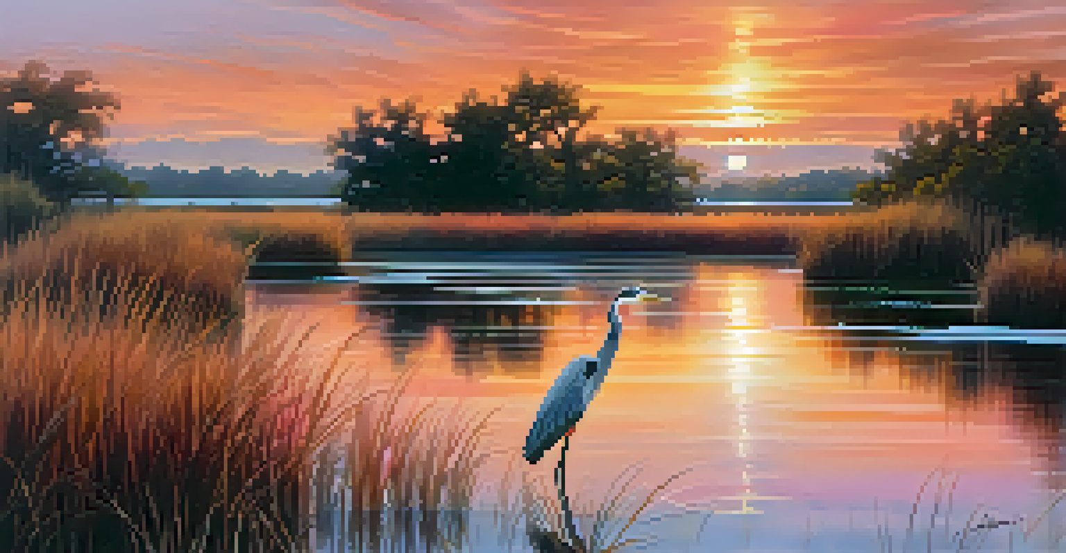 A heron standing in shallow water at sunset, with colorful reflections and tall grasses surrounding the tranquil wetland.