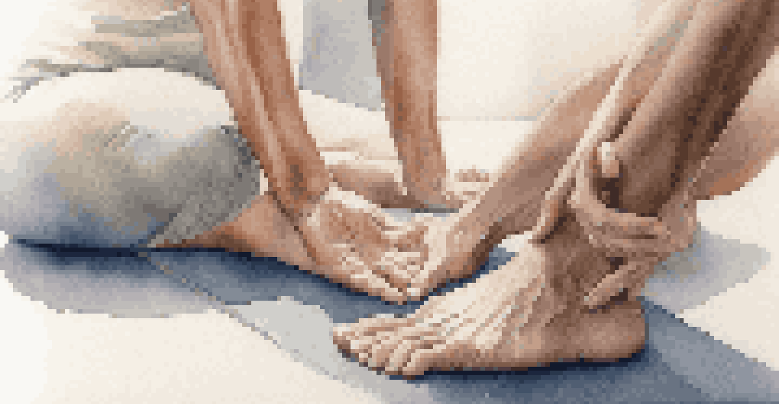 A close-up of hands reaching for toes in a seated stretch on a textured yoga mat, with soft lighting.