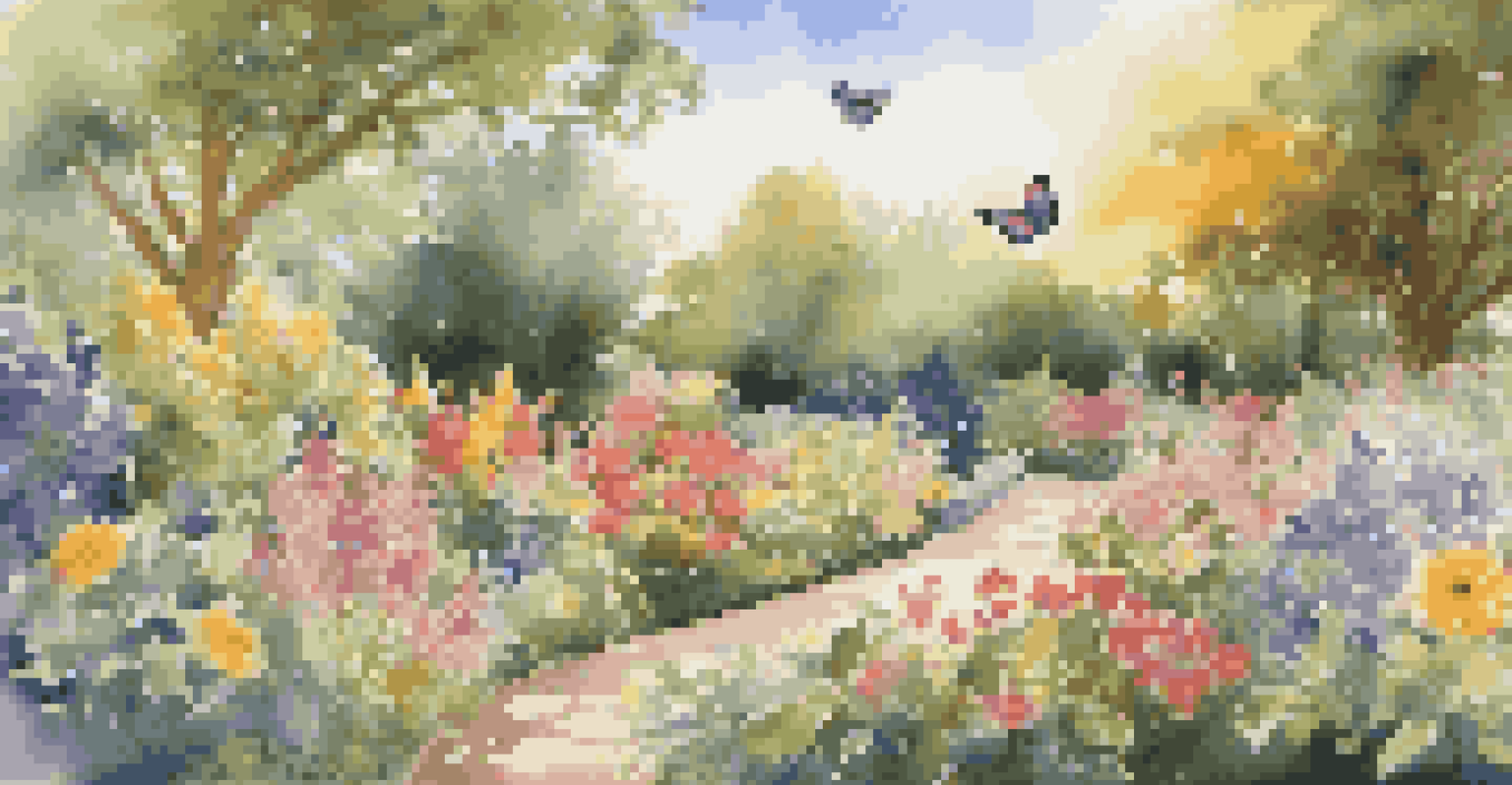 A beautiful garden showcasing a variety of colorful blooming flowers, with butterflies and sunlight creating a serene atmosphere.