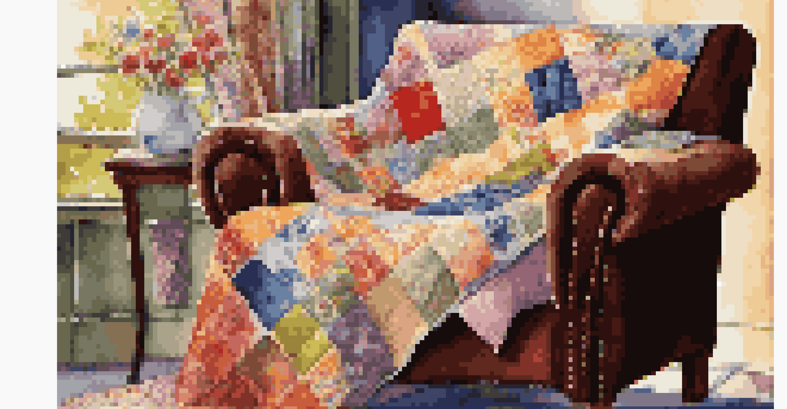 A colorful patchwork quilt draped over an armchair, with a cup of tea on a coffee table nearby.