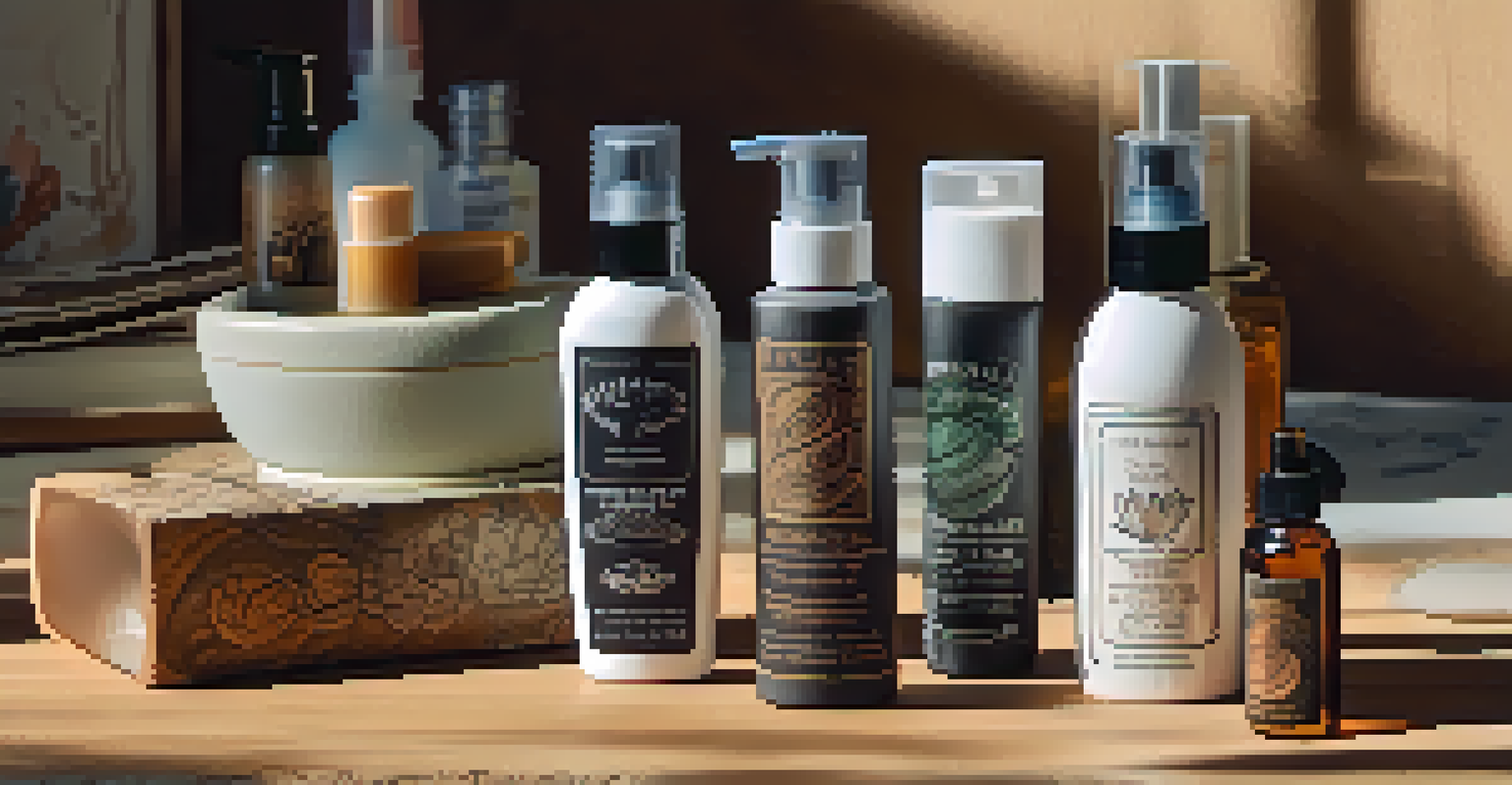 A flat lay of tattoo aftercare products including soap, lotion, and sunscreen on a wooden surface with natural light.