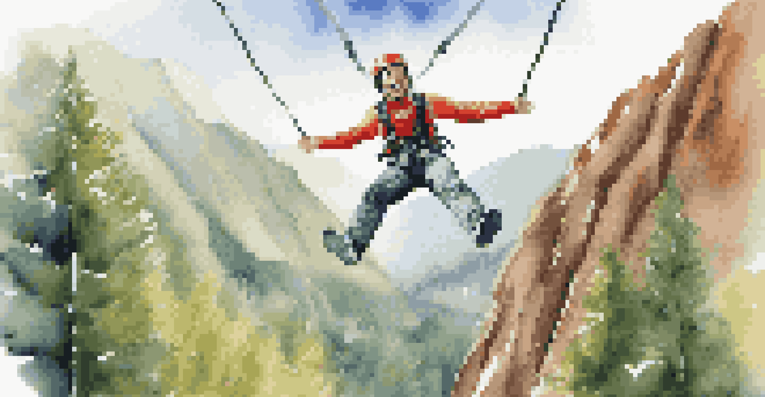 A bungee jumper soaring through the air, arms outstretched, with a blurred natural landscape in the background.