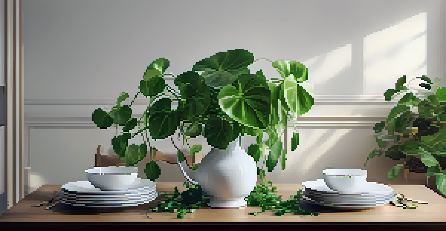 An elegant dining table with a cascading Pothos plant, soft natural lighting illuminating the scene.