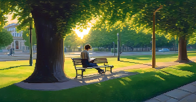 A writer seated on a park bench, immersed in nature, with a notebook and pen, under the warm glow of a sunset.
