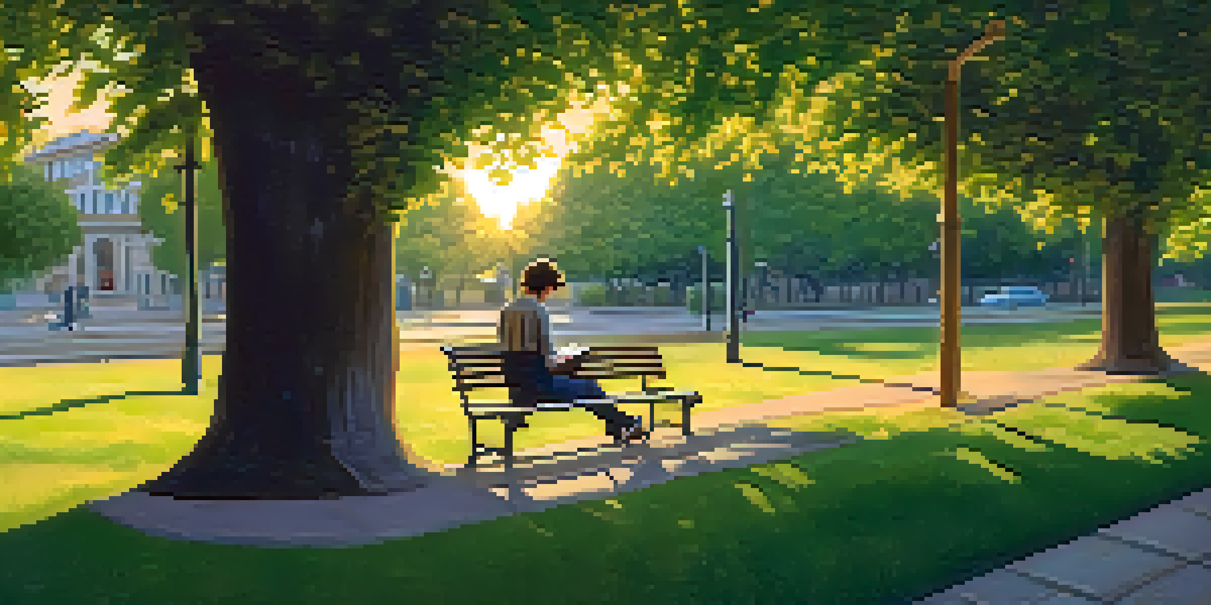 A writer seated on a park bench, immersed in nature, with a notebook and pen, under the warm glow of a sunset.