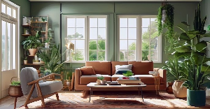 A cozy living room with various indoor plants, including a tall snake plant, pothos, and succulent, illuminated by natural light from a window.