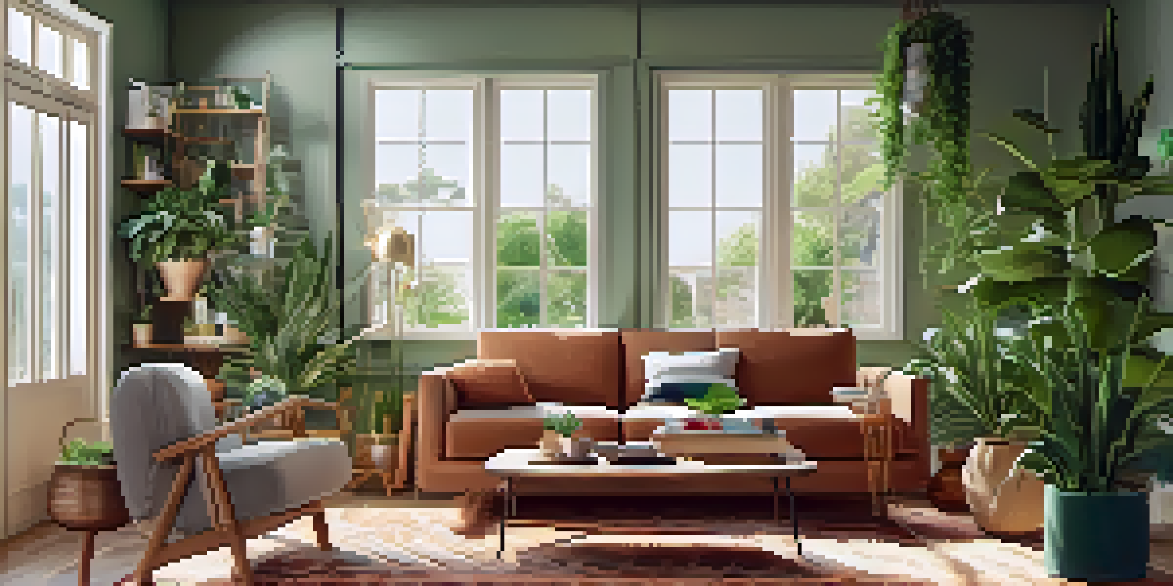 A cozy living room with various indoor plants, including a tall snake plant, pothos, and succulent, illuminated by natural light from a window.