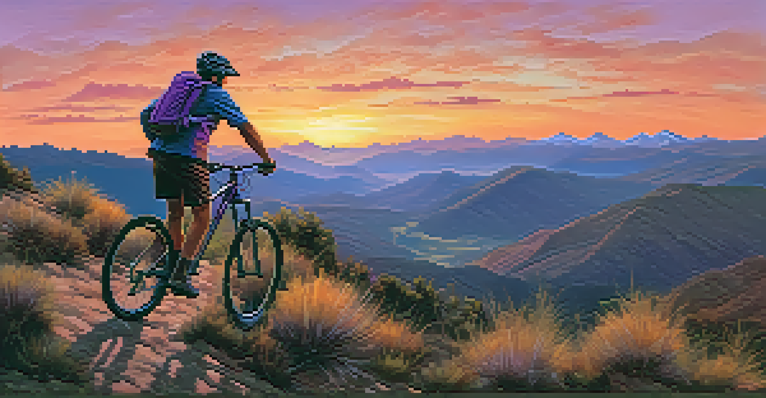A mountain biker sitting on a ridge at sunset, overlooking valleys and peaks, with a colorful sky.