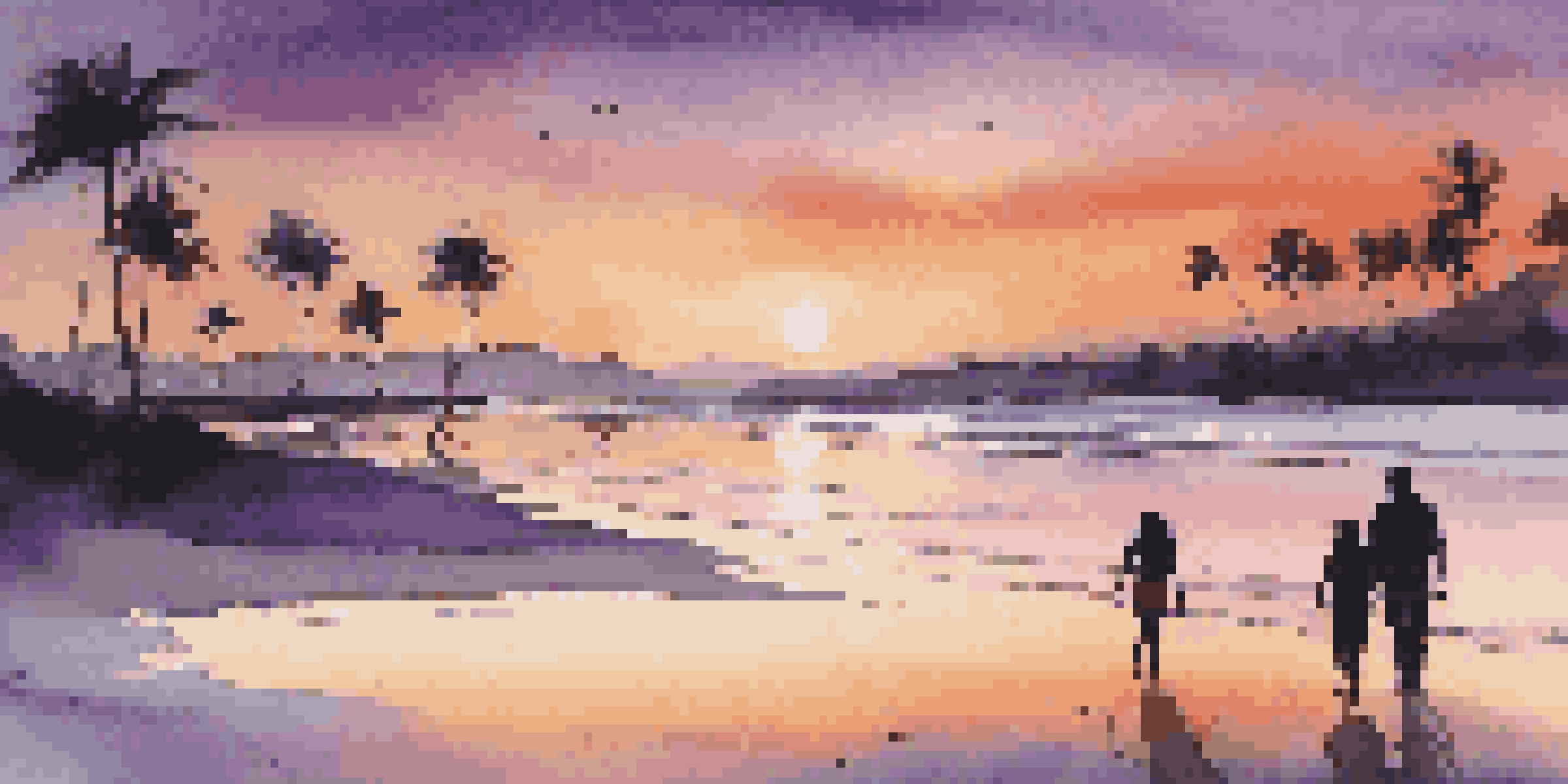 A couple walking on a beach at sunset, with colorful skies and palm trees framing the scene.