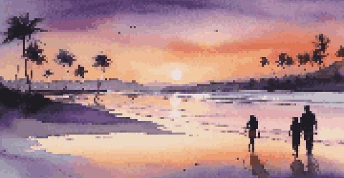 A couple walking on a beach at sunset, with colorful skies and palm trees framing the scene.