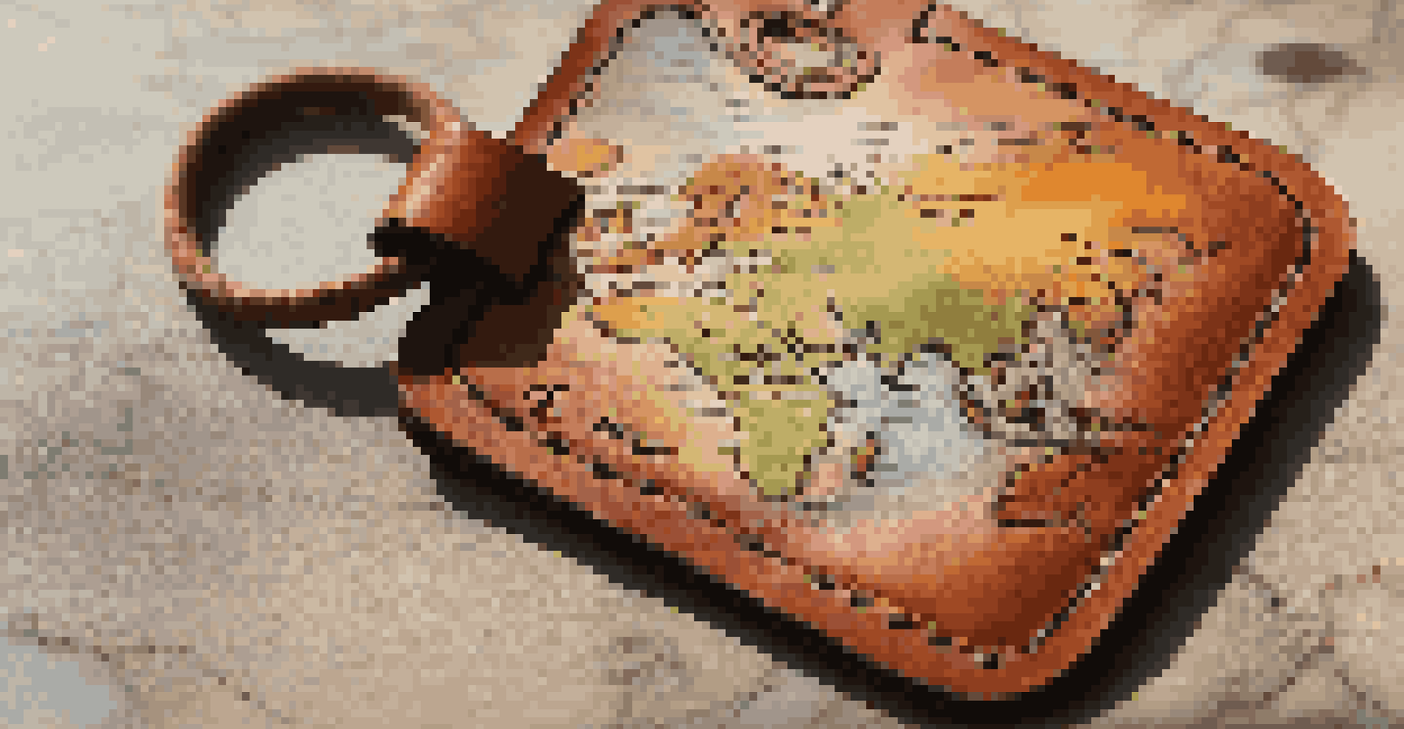 A personalized leather luggage tag with embossed initials on a travel-themed background.
