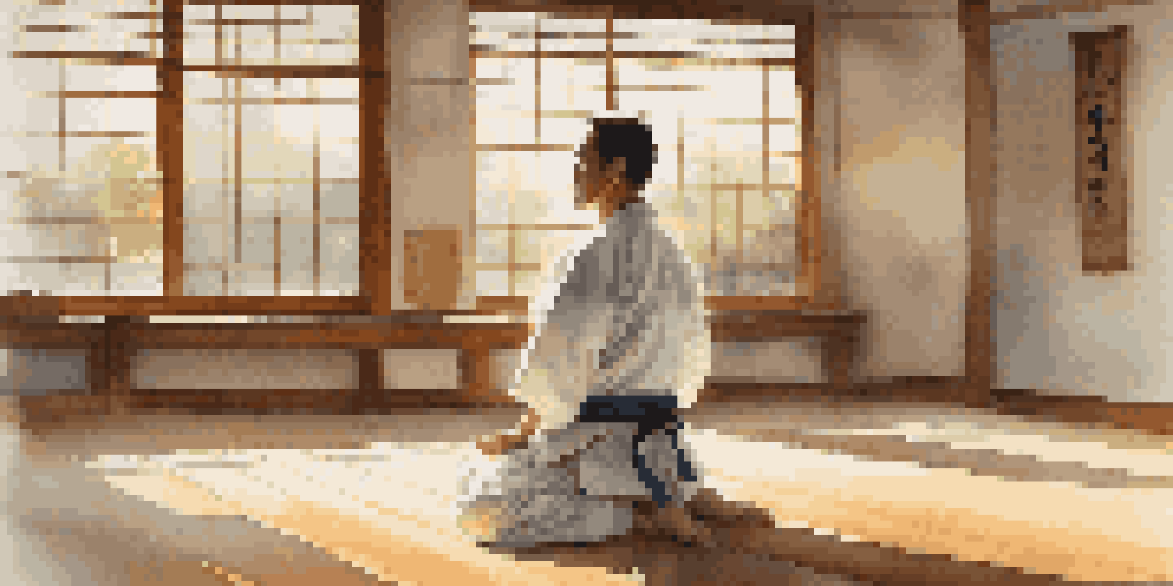 A martial artist practicing deep breathing with eyes closed in a bright training space, wearing a traditional gi.