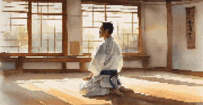 A martial artist practicing deep breathing with eyes closed in a bright training space, wearing a traditional gi.