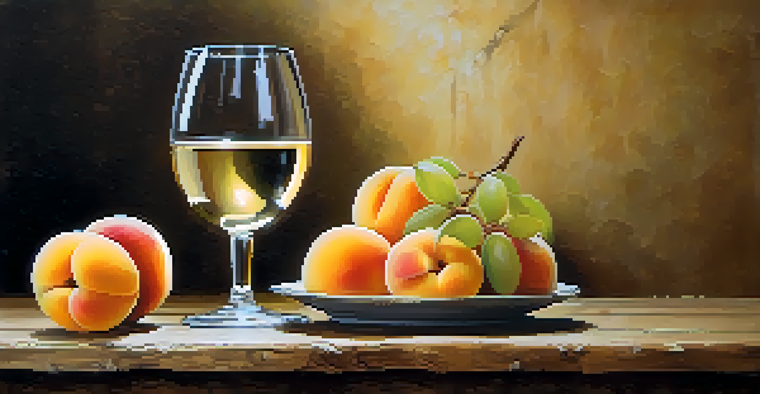 A close-up of a glass of pale yellow Riesling wine on a wooden table, with fresh apricots and a cheese platter in the background.