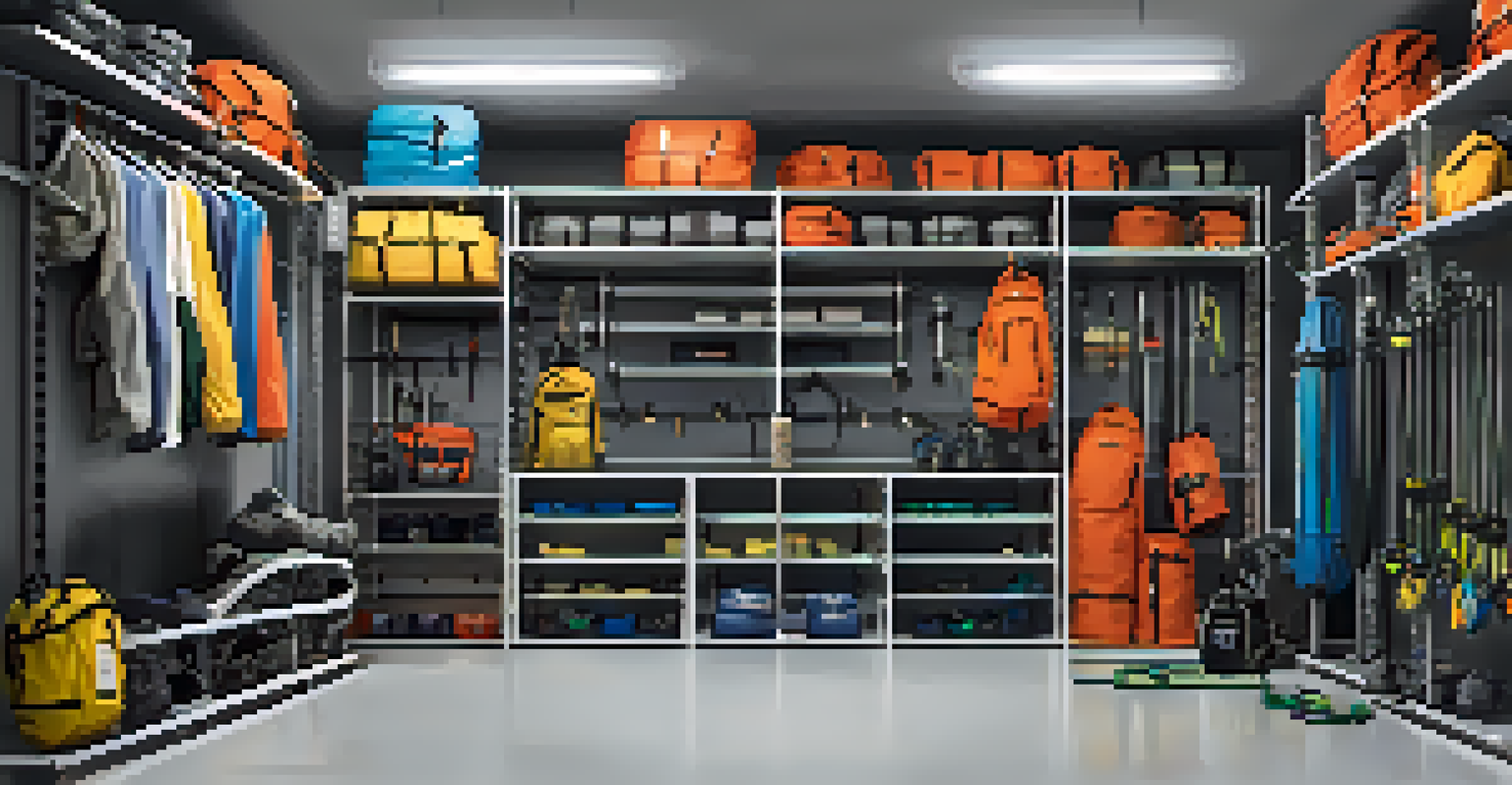 Well-organized climbing gear storage with bags and hooks in a clean room, illuminated by soft lighting.