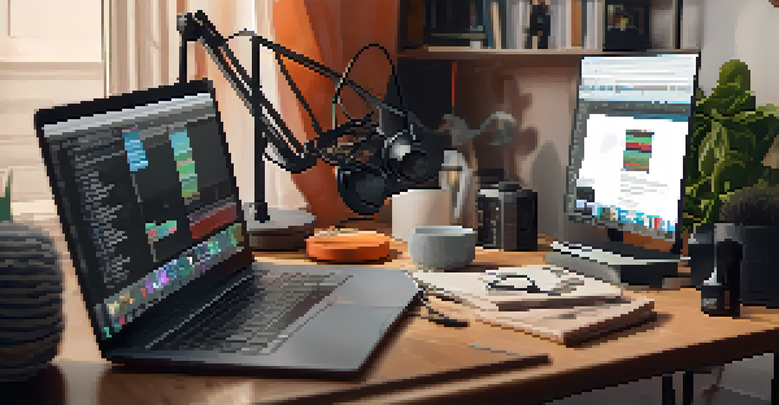 A person editing a podcast on a laptop with a microphone and headphones in a cozy workspace.
