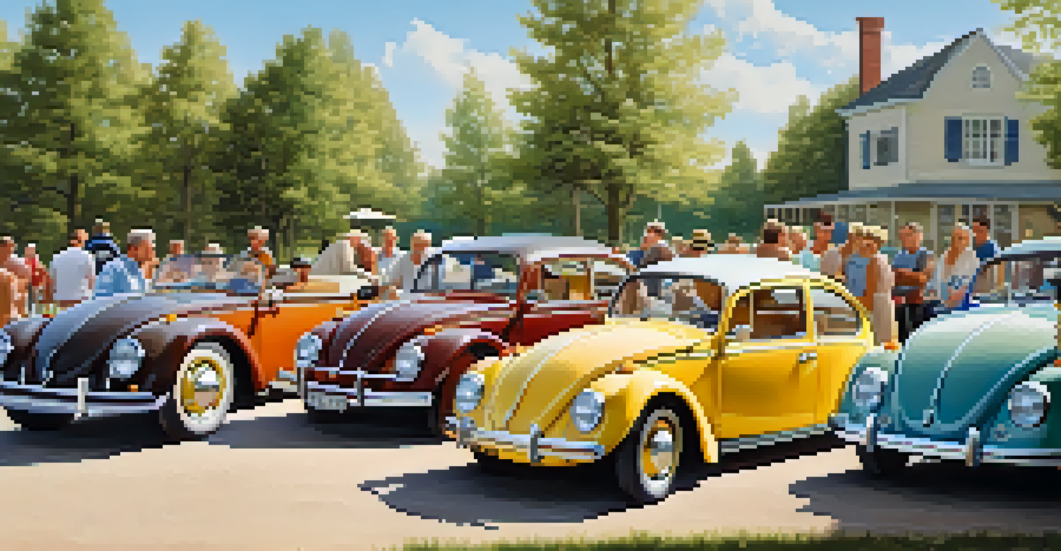 A group of vintage car enthusiasts talking around a restored classic Volkswagen under sunny weather.