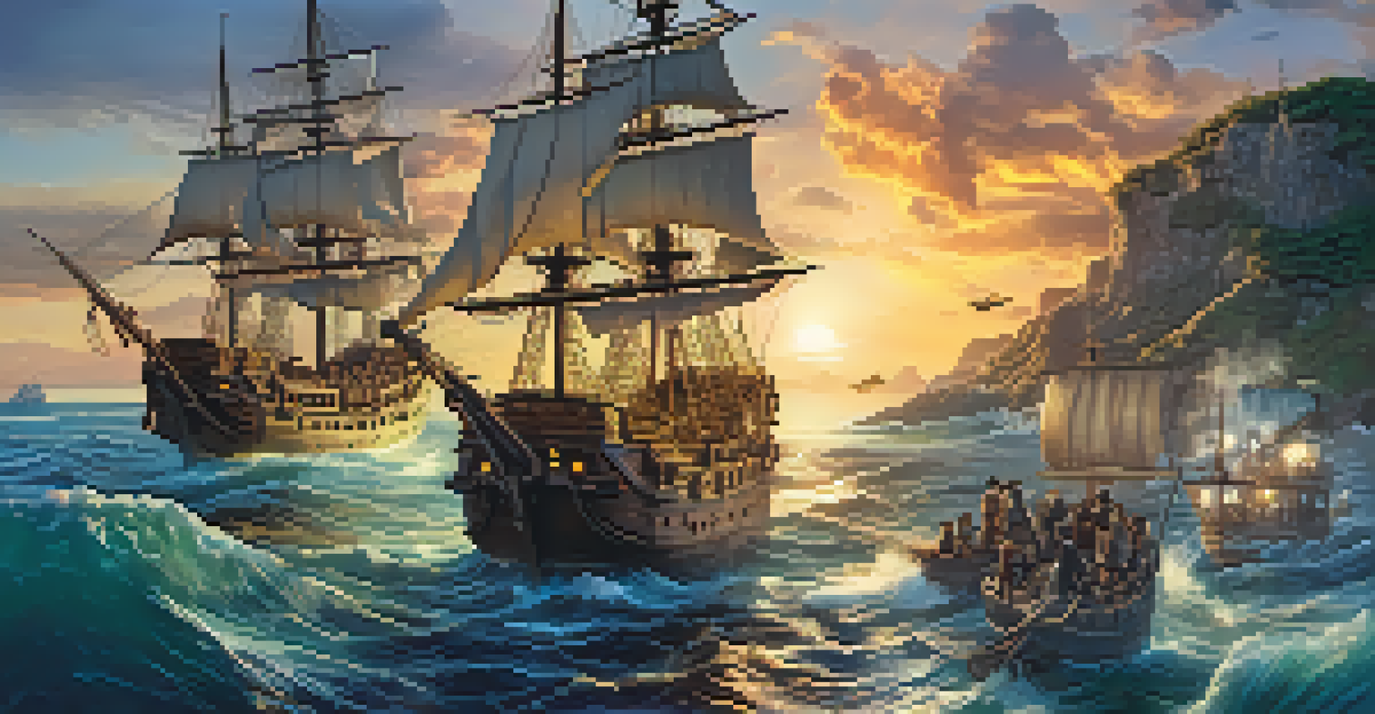 A diverse crew of pirates on a ship during sunset, preparing for adventure in a vibrant ocean setting.