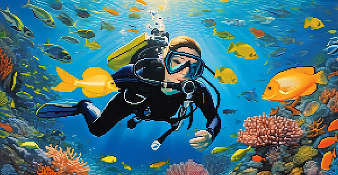 A beginner scuba diver exploring a vibrant underwater scene filled with colorful fish and coral formations, illuminated by sunlight.