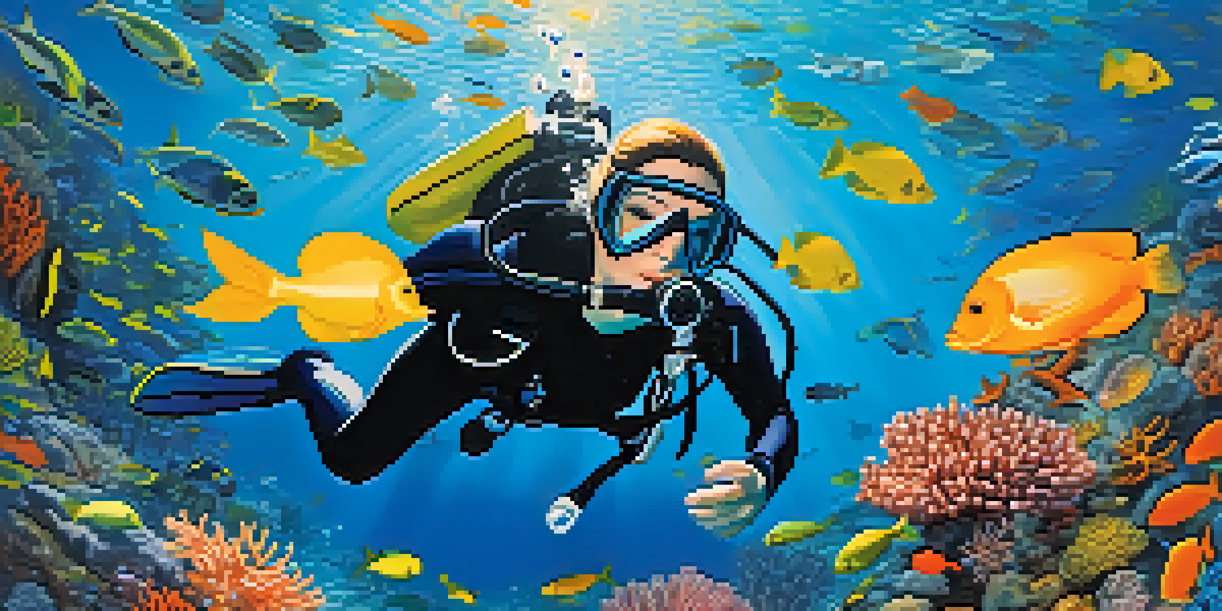 A beginner scuba diver exploring a vibrant underwater scene filled with colorful fish and coral formations, illuminated by sunlight.