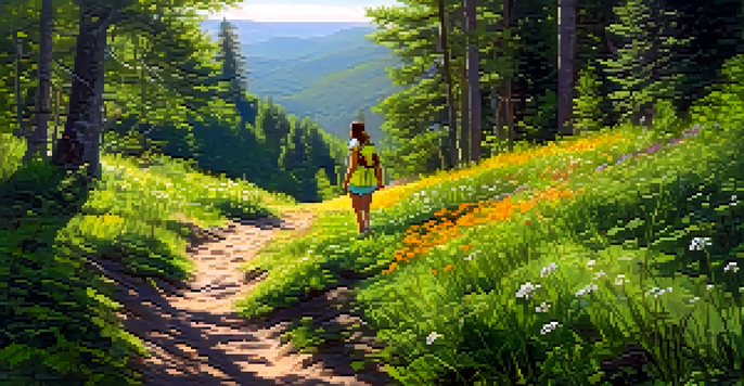 A hiker standing on a forest trail, surrounded by greenery and wildflowers, with sunlight filtering through the trees.