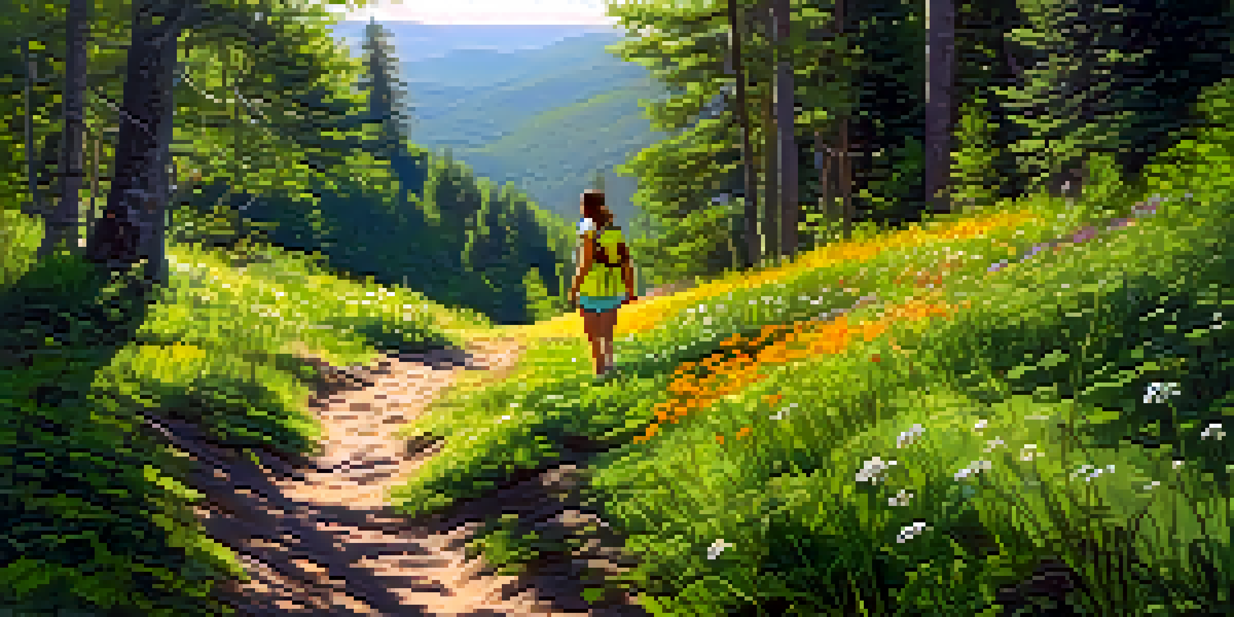 A hiker standing on a forest trail, surrounded by greenery and wildflowers, with sunlight filtering through the trees.