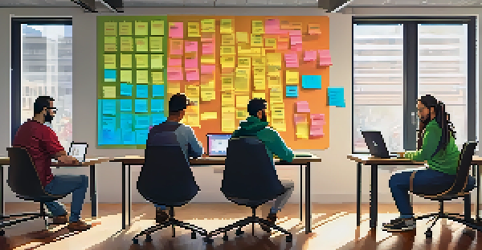A group of diverse developers collaborating in a modern workspace, surrounded by colorful sticky notes and whiteboards, with natural light pouring in.