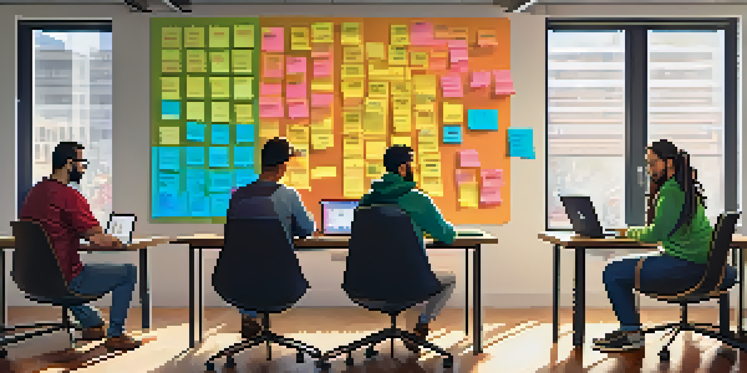 A group of diverse developers collaborating in a modern workspace, surrounded by colorful sticky notes and whiteboards, with natural light pouring in.