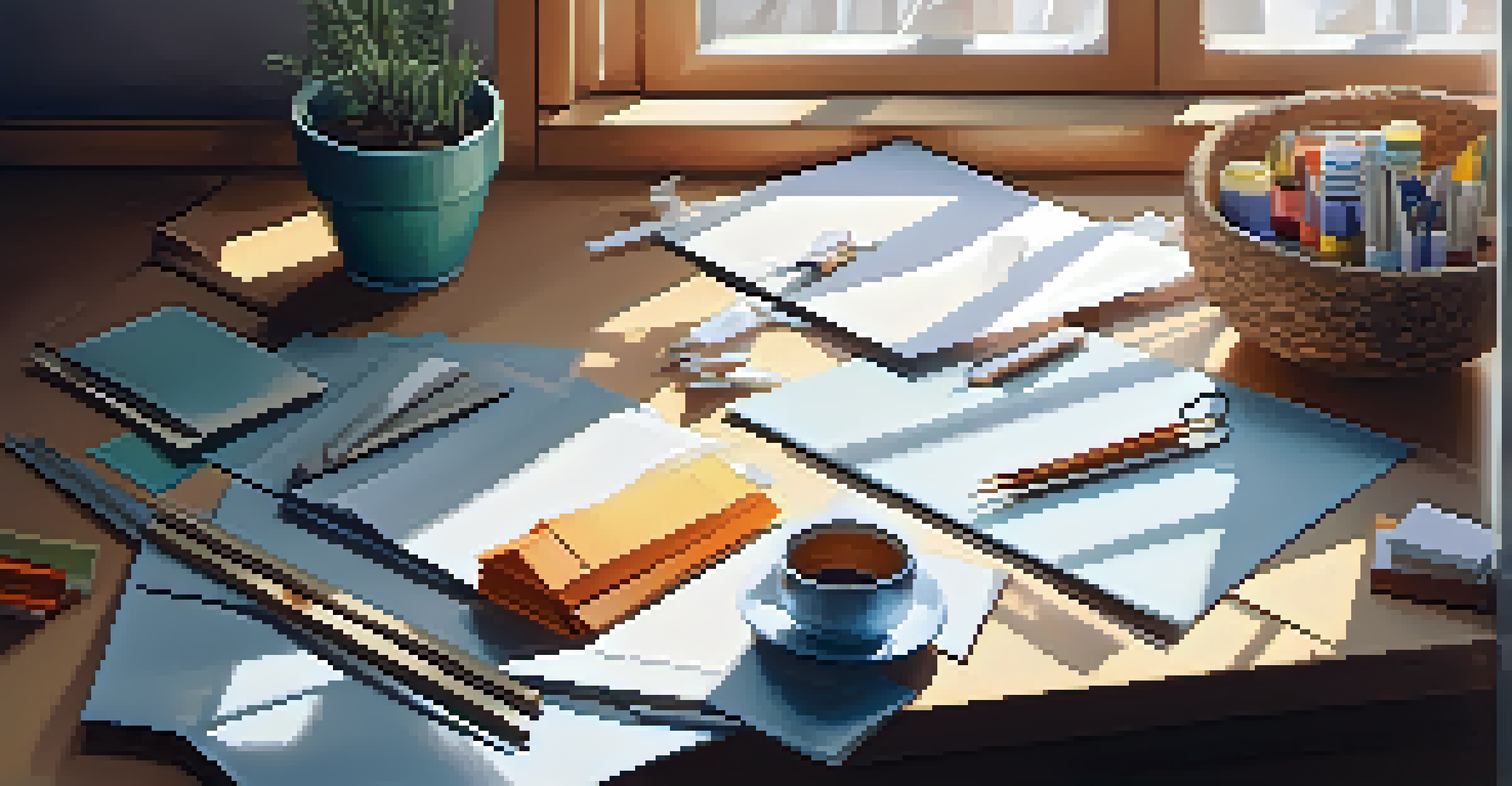 A tidy workspace featuring origami tools like patterned paper, scissors, and a ruler, illuminated by sunlight from a window.