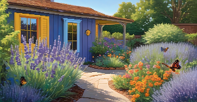 A colorful sustainable garden filled with native plants like lavender and sage, featuring a butterfly and a rain barrel under a sunny sky.
