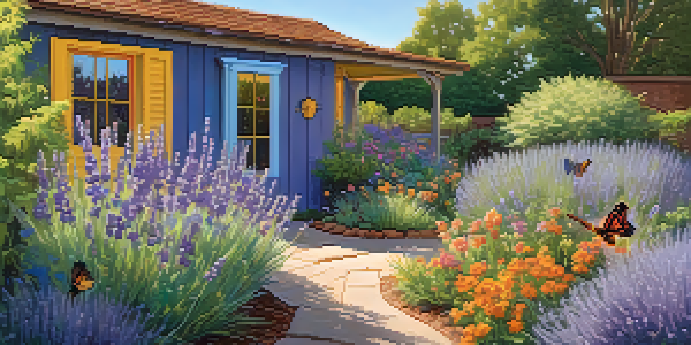 A colorful sustainable garden filled with native plants like lavender and sage, featuring a butterfly and a rain barrel under a sunny sky.