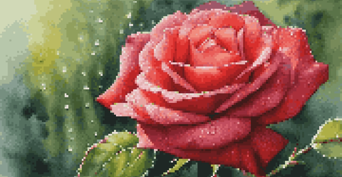 A close-up of a vibrant red rose with dew drops, surrounded by blurred green foliage.