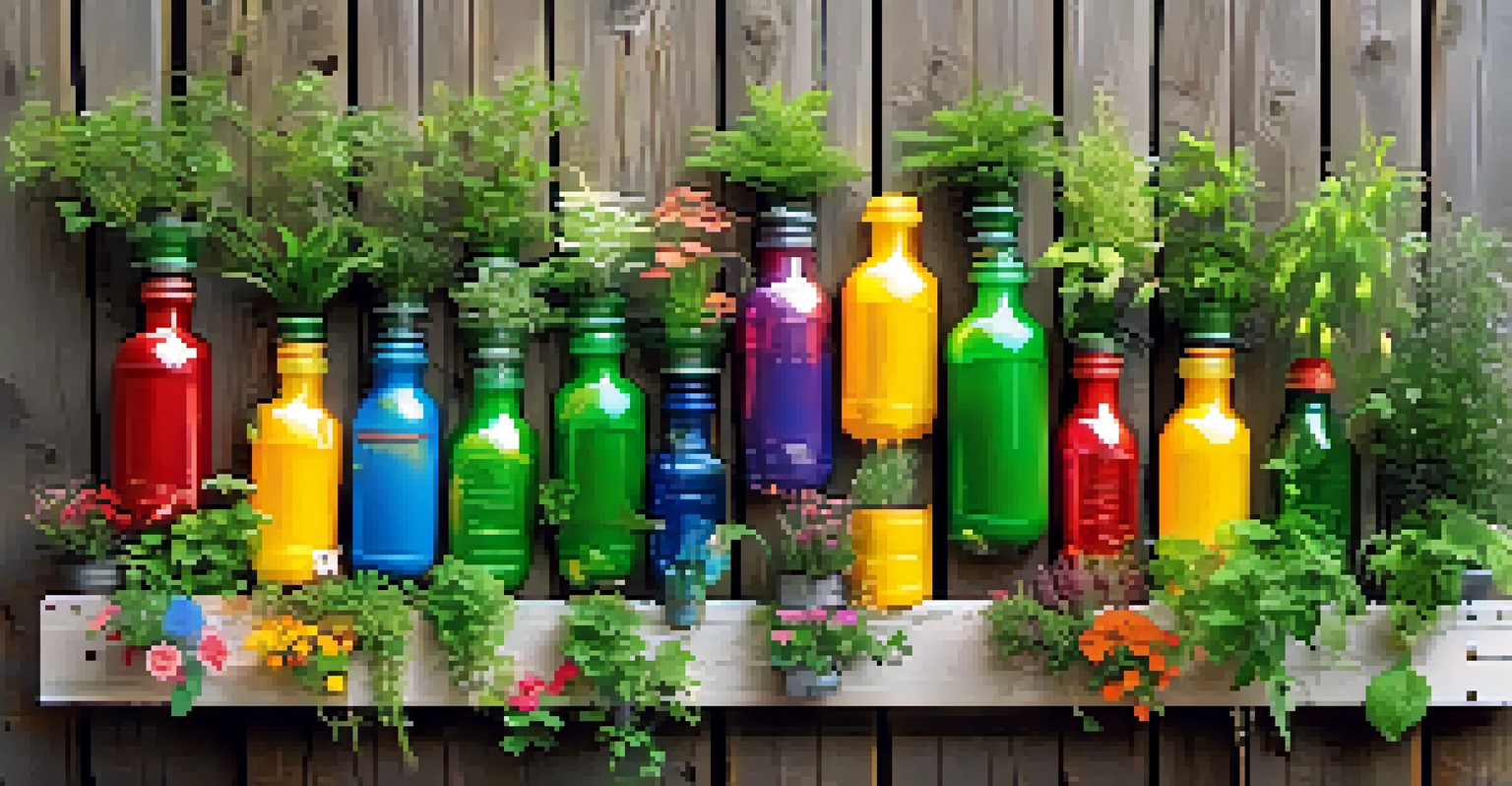 A vertical garden made from colorful repurposed plastic bottles filled with herbs and flowers, hung on a wooden fence.