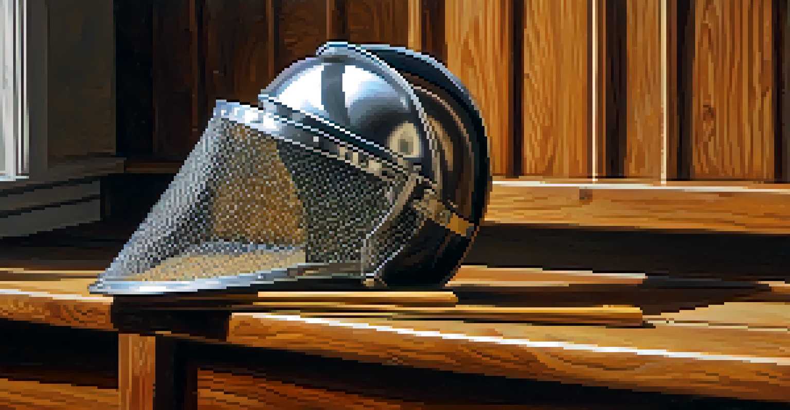 A close-up view of a fencing mask and foil sword on a wooden bench, illuminated by sunlight.