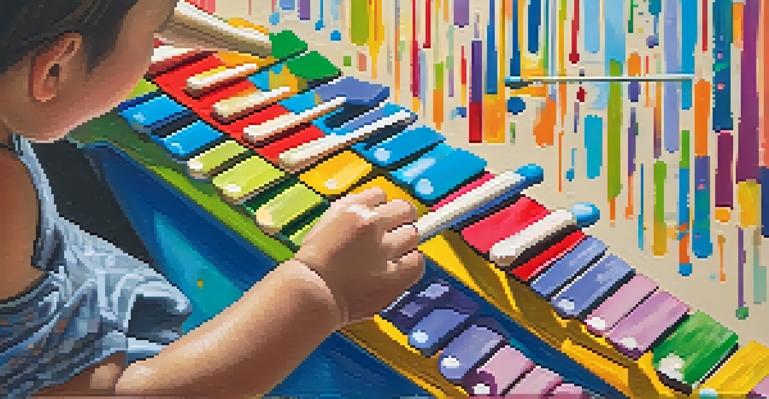 A child's hands playing a colorful xylophone, capturing the joy of music and creativity.