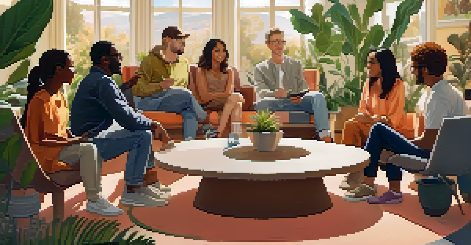 A diverse group of people in a circle discussing storytelling in a bright and inviting setting.