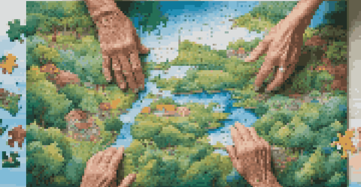 An aerial view of a vibrant jigsaw puzzle with seniors' hands actively working on it.