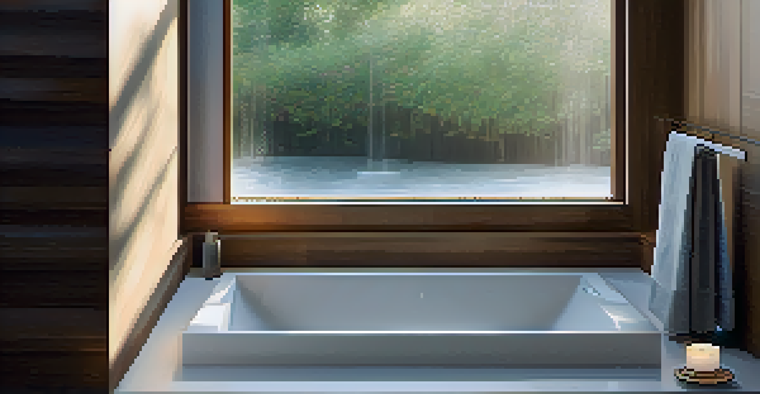 A modern bathroom showcasing a low-flow showerhead and a timer on the sink, with soft light filtering through a frosted window.