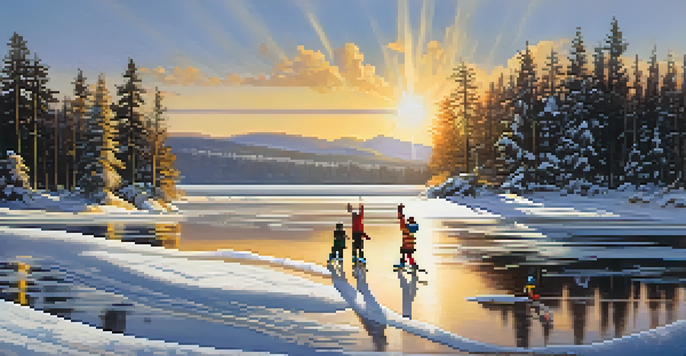 A winter scene with children ice skating on a frozen lake, surrounded by snow-covered trees and a golden sunset.