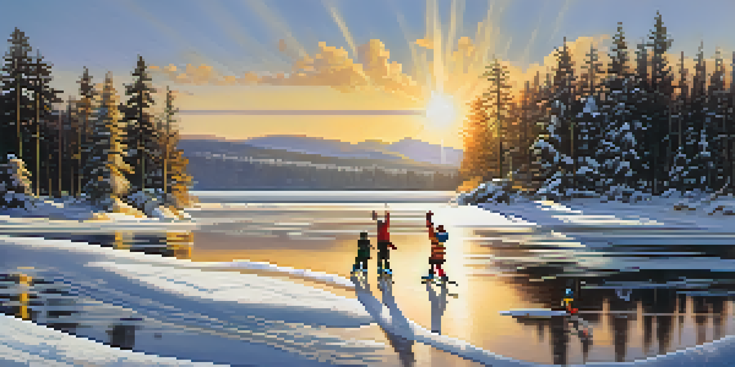 A winter scene with children ice skating on a frozen lake, surrounded by snow-covered trees and a golden sunset.