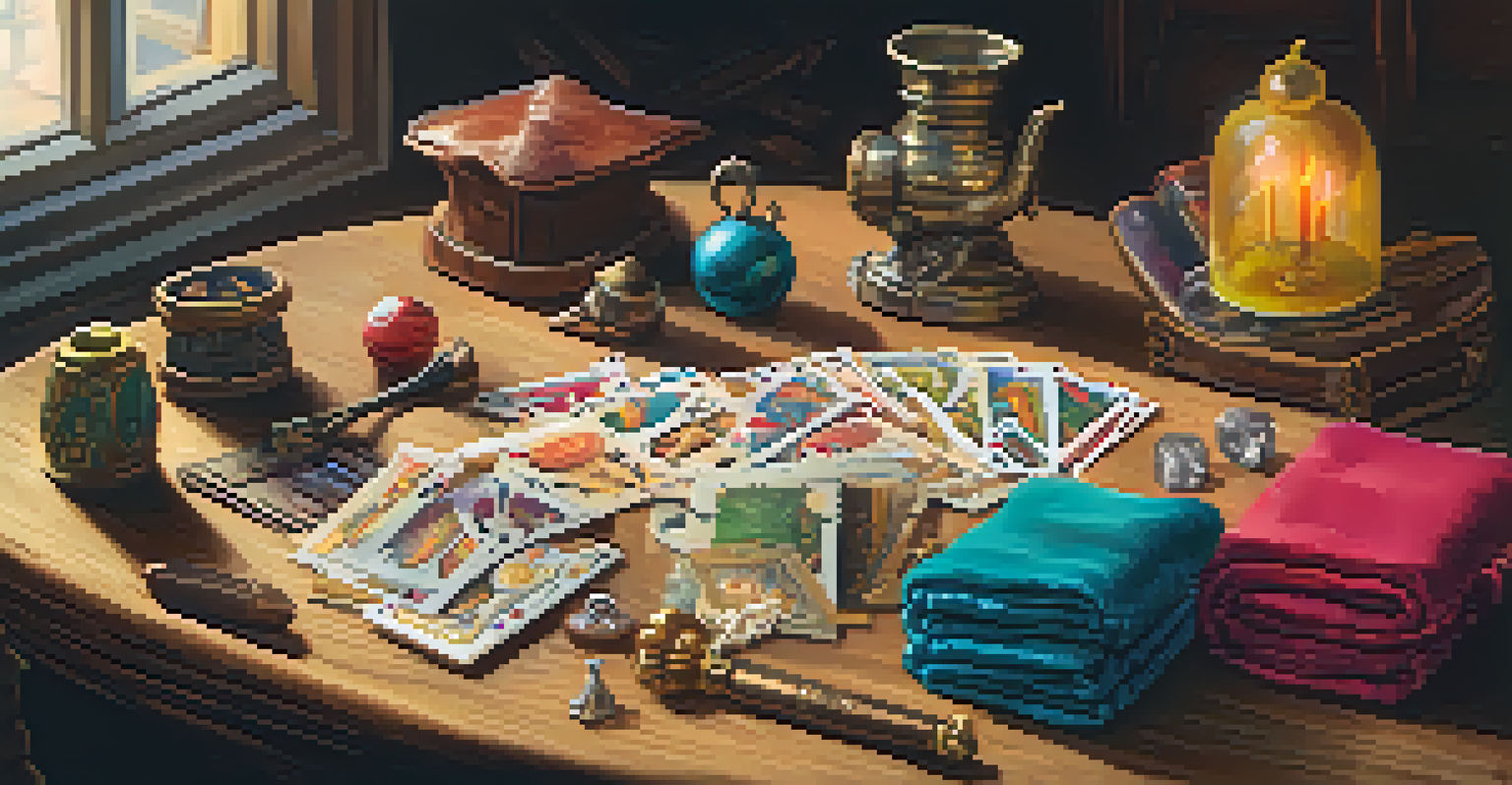 A variety of colorful magic props on a wooden table, including scarves, cards, a top hat, and a wand, well-lit to showcase their colors.